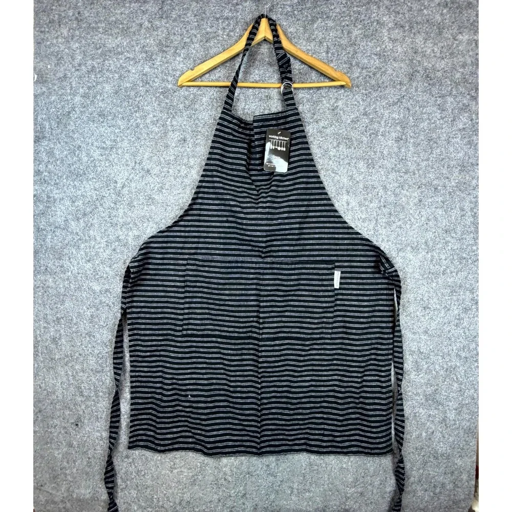 Working Kitchen Apron Unisex 28 x 36 Black White Cotton Striped Front Pocket